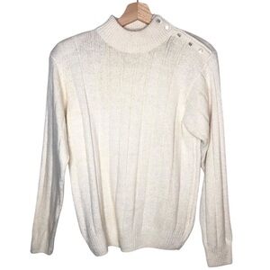 VINTAGE 80s Karen Scott Cream Mockneck Ribbed Knit Silk Angora Blend Sweater M